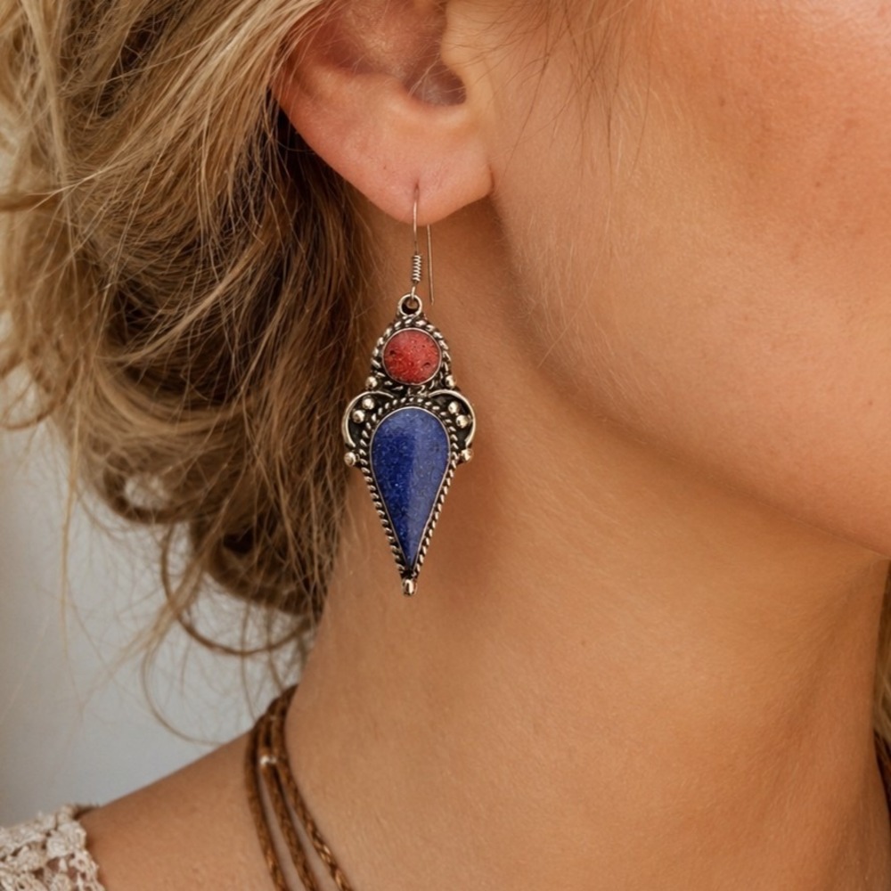 India Tibetan Handmade Dangle Lapis And Coral Gemstone Earrings Boho Ethnic